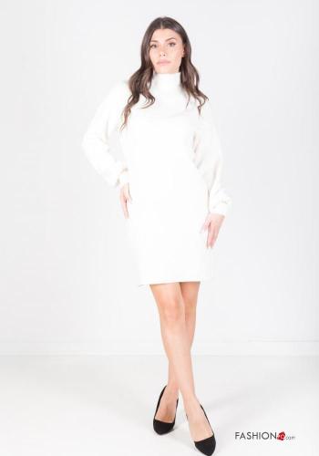  Ribbed knee-length long sleeve Dress Rollneck White
