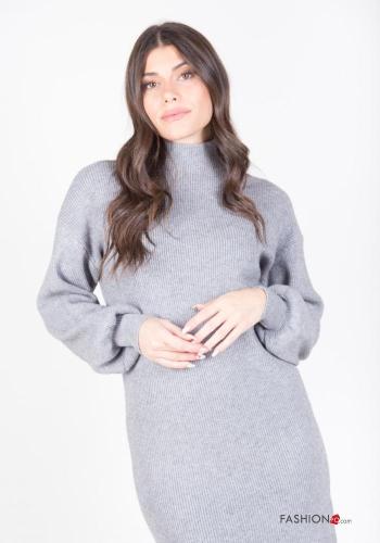  Ribbed knee-length long sleeve Dress Rollneck Grey