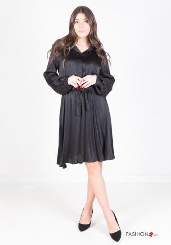  long sleeve knee-length satin Dress with sash Black