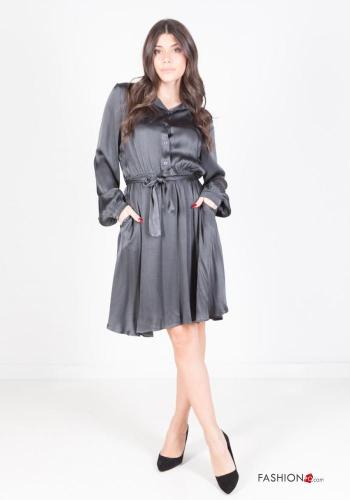  long sleeve knee-length satin Dress with sash Grey 80%