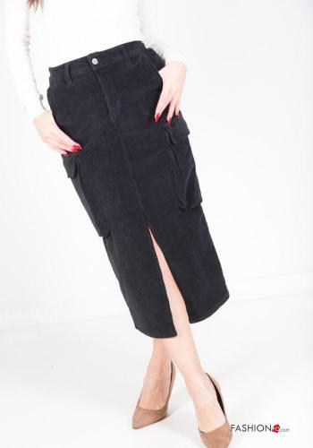  Gonna in Cotone costine in velluto Longuette con tasche con spacco  Nero