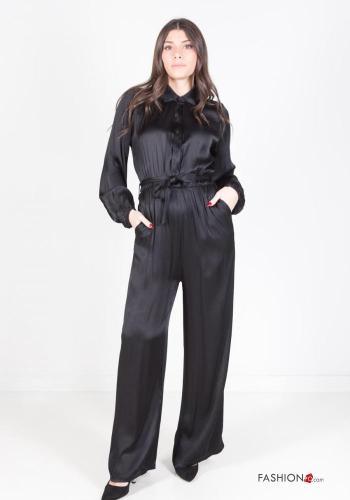  satin Jumpsuit with buttons with sash with pockets Black