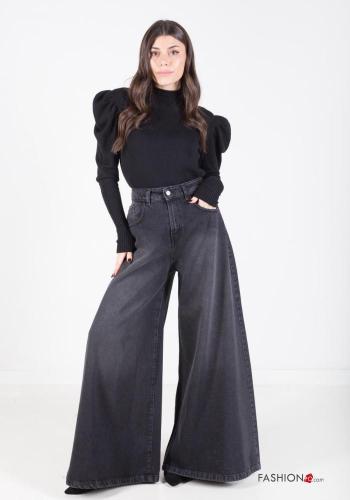  Jeans en Coton taille haute wide leg avec poches  Noir