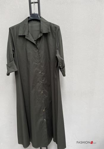  Vestido camisero de Algodón largo manga tres cuartos  Verde militar