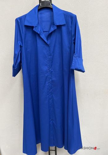  Vestido camisero de Algodón largo manga tres cuartos  Azul