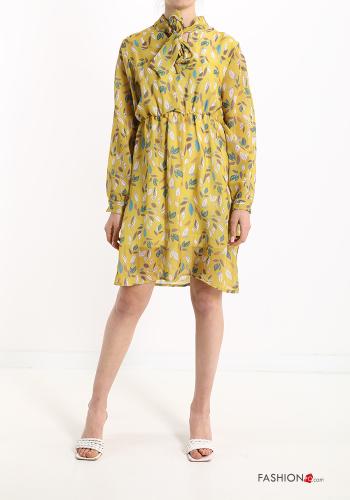  Natur Muster Kleid mit Schleife Gelb