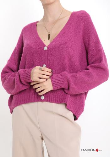 v-neck Cardigan with buttons with rhinestones Red-violet