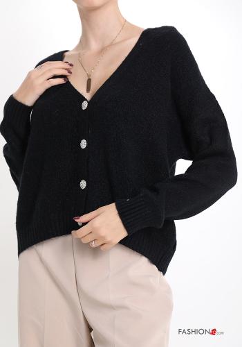  v-neck Cardigan with buttons with rhinestones Black
