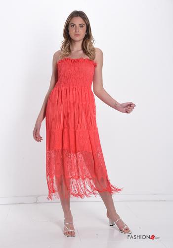  lace trim Dress with flounces with fringe Red