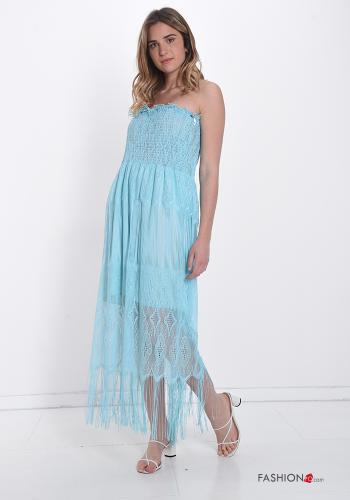 lace trim Dress with flounces with fringe Light -blue