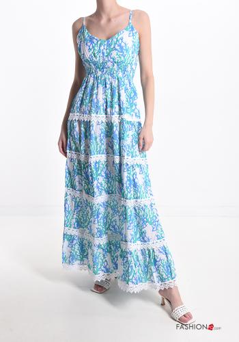  Patterned lace Cotton Sleeveless Dress with flounces with v-neck Light blue
