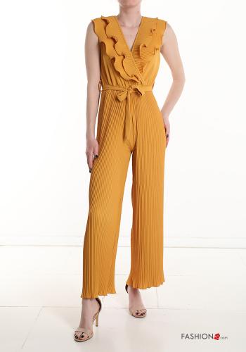  pleated Jumpsuit with flounces with sash with v-neck