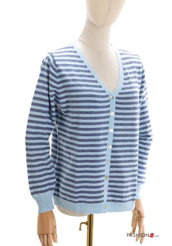 Striped Cashmere Blend Cardigan with buttons with v-neck Light -blue