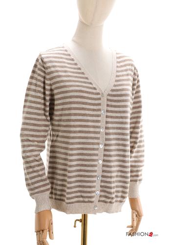  Striped Cashmere Blend Cardigan with buttons with v-neck Beige