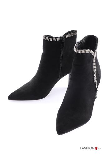  Scarpe con tacco camoscio a punta con zip con strass  Nero