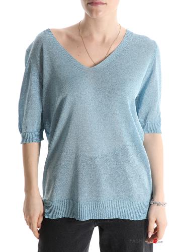  lurex short sleeve Sweater with v-neck Light -blue