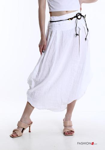 Falda de Lino Longuette con cinturón  Blanco