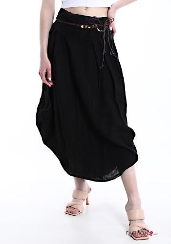 Falda de Lino Longuette con cinturón  Negro