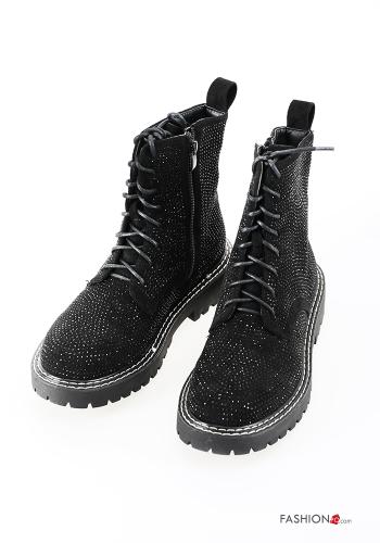  Combat Boots with zip with rhinestones Black