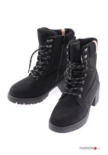  faux fur round-toe laces Suede Combat Boots with zip Black