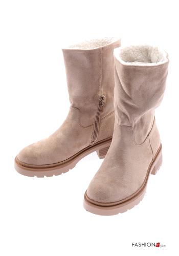  Suede round-toe faux fur Ankle boots with zip Beige