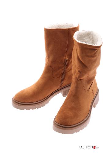 Suede round-toe faux fur Ankle boots with zip Chocolate