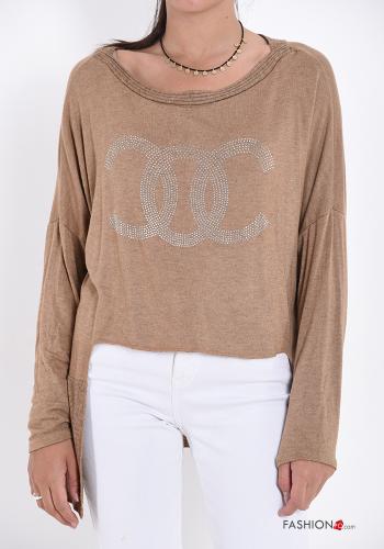 Long sleeved top with rhinestones Camel