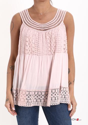  lace Cotton Tank-Top with flounces Pink