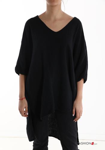 oversized asymmetrical Cotton Tunic with v-neck 3/4 sleeve Black