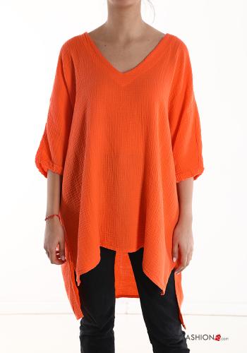 oversized asymmetrical Cotton Tunic with v-neck 3/4 sleeve Orange