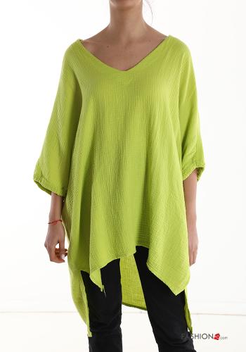  oversized asymmetrical Cotton Tunic with v-neck 3/4 sleeve Lime