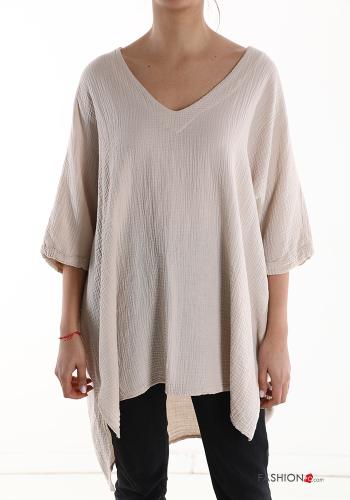  oversized asymmetrical Cotton Tunic with v-neck 3/4 sleeve Beige