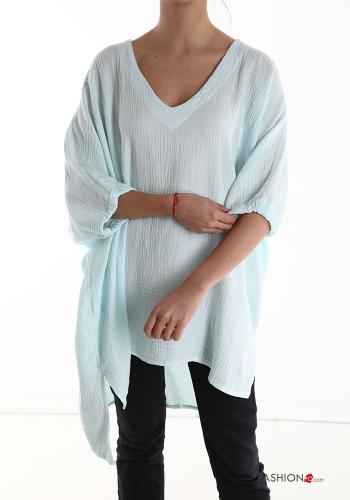 oversized asymmetrical Cotton Tunic with v-neck 3/4 sleeve Green tea