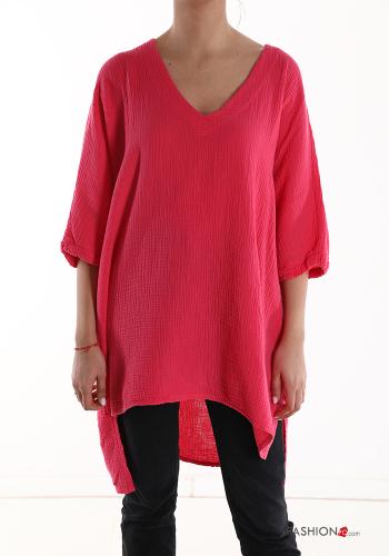  oversized asymmetrical Cotton Tunic with v-neck 3/4 sleeve Crimson