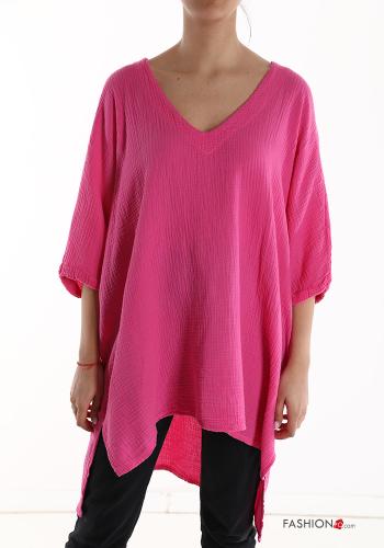  oversized asymmetrical Cotton Tunic with v-neck 3/4 sleeve Fucsia