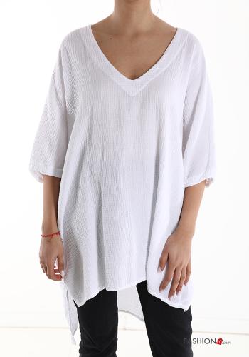  oversized asymmetrical Cotton Tunic with v-neck 3/4 sleeve White