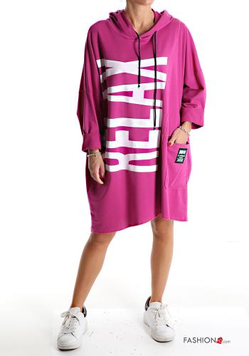  Aufschriftes Muster Kleid aus Baumwolle mit Taschen mit Kapuze