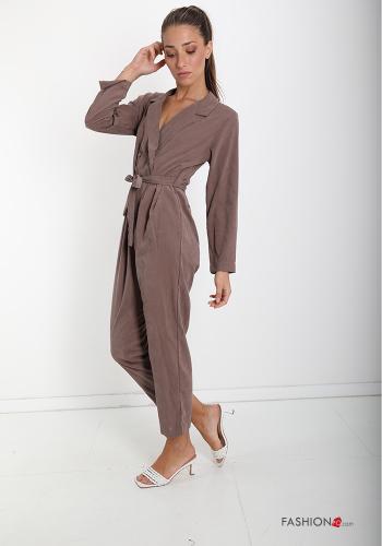  v-neck Jumpsuit with buttons with bow with pockets Light chestnut