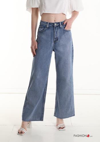  wide leg raw hem finish Cotton Jeans with pockets