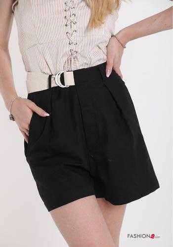 Pantaloncino Short in Lino  con cintura con tasche Nero
