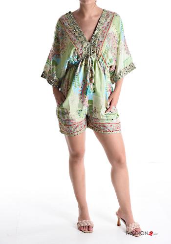  Jumpsuit in Seta maniche corte Fantasia stampata con fiocco scollo a V  Celadon