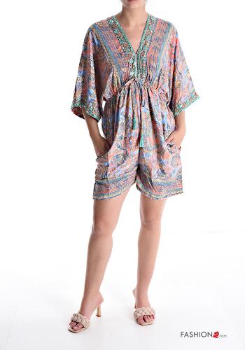  Jumpsuit in Seta maniche corte Fantasia stampata con fiocco scollo a V  Lilla
