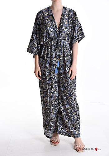  Patterned short sleeve Silk Jumpsuit with v-neck Black