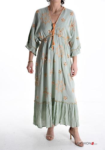  Embroidered long Dress 3/4 sleeve with v-neck with flounces with bow Green Asparagus