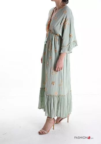  Embroidered long Dress 3/4 sleeve with v-neck with flounces with bow