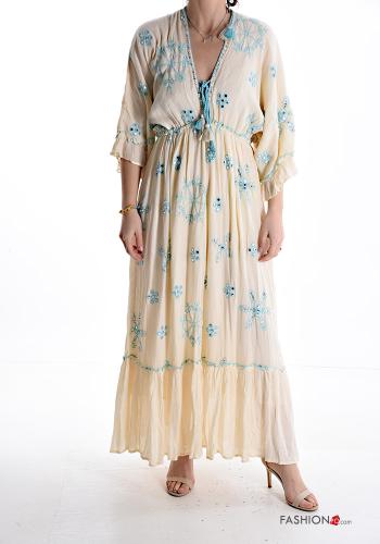  Embroidered long Dress 3/4 sleeve with v-neck with flounces with bow Naples yellow