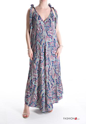  Jacquard print sleeveless long oversized Silk Jumpsuit with bow Blue