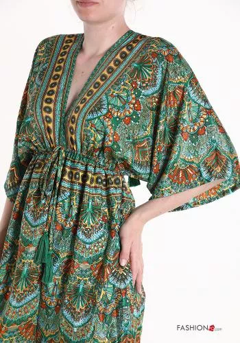  Jacquard print Silk Jumpsuit with elastic 3/4 sleeve with v-neck