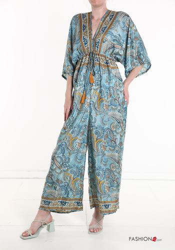  Jacquard print Silk Jumpsuit with elastic 3/4 sleeve with v-neck Light cornflower blue