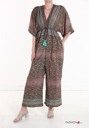  Jacquard print Silk Jumpsuit with elastic 3/4 sleeve with v-neck Brown